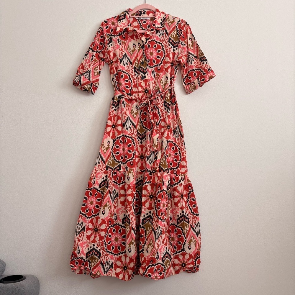 Zara Ikat Print Button-Down Belted Midi Dress- Size M - Picture 3 of 11